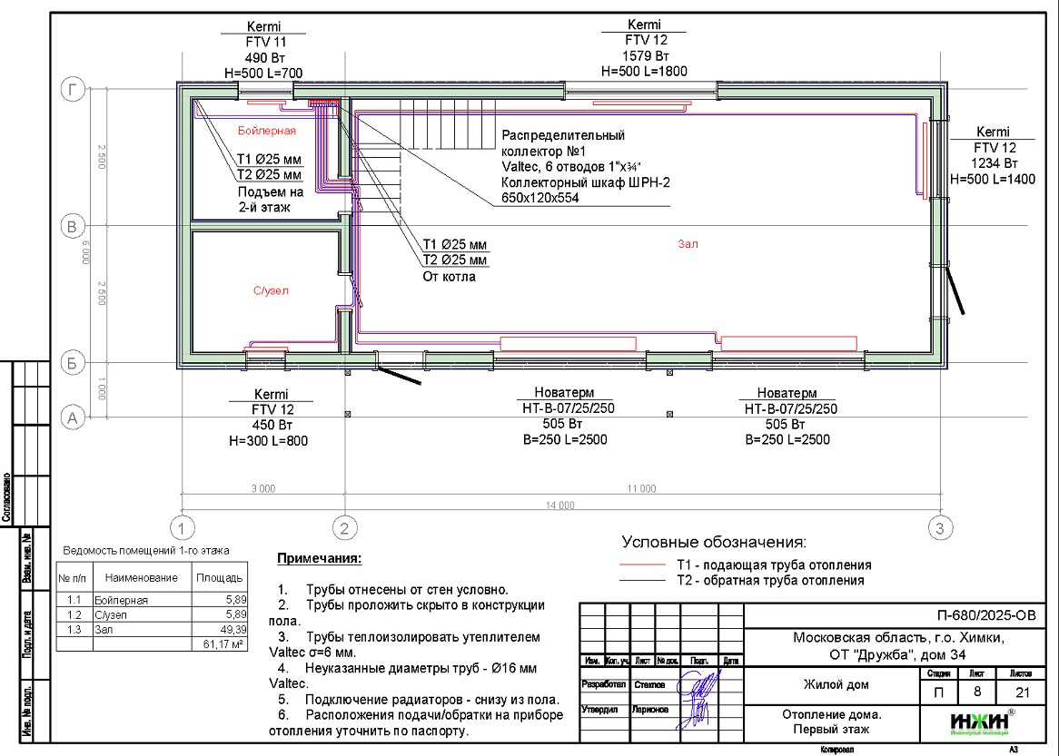 Проект отопления дома, пример 2544 Отопление дома, расчет отопления 2544