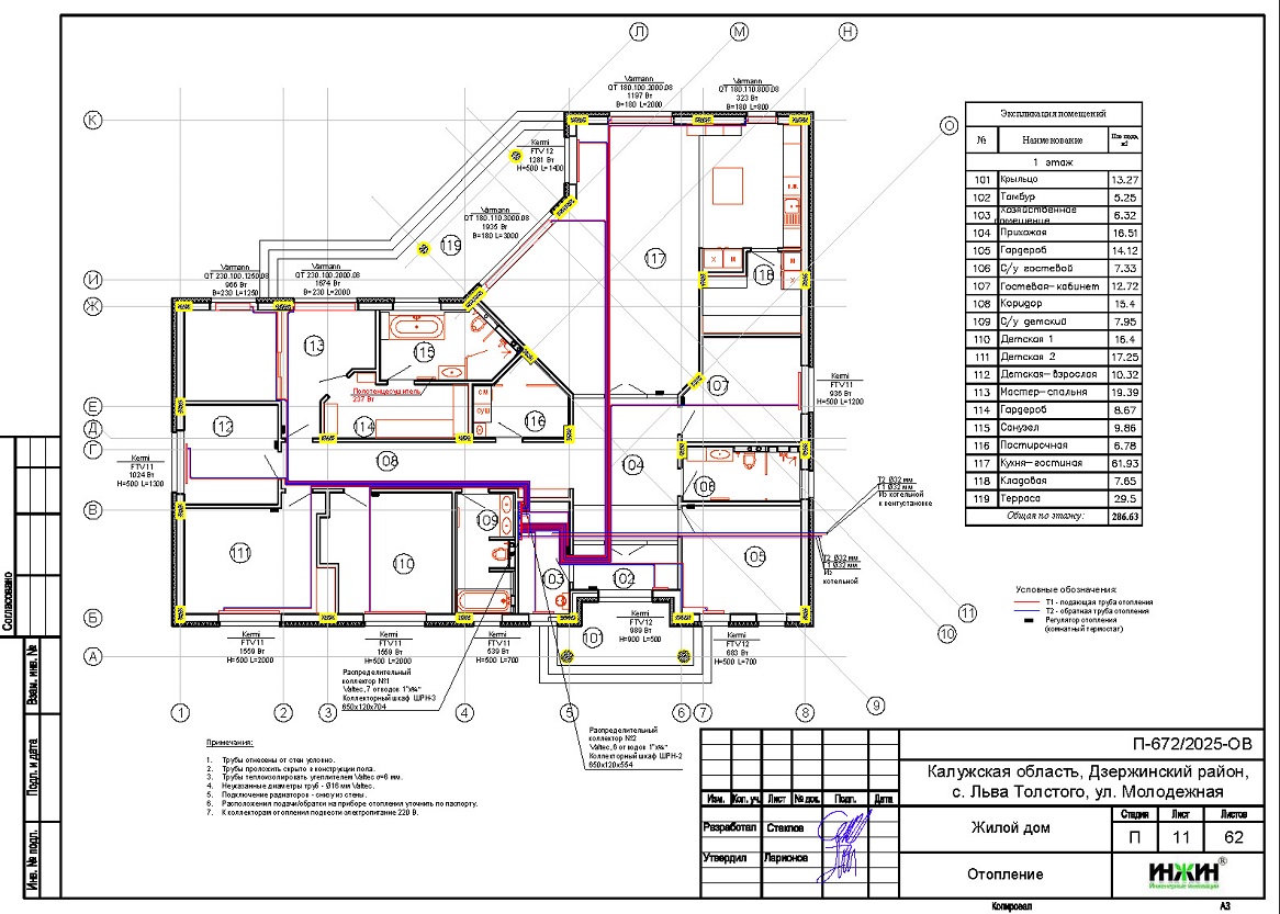 Проект отопления дома, пример 2525 Отопление дома, расчет отопления 2525